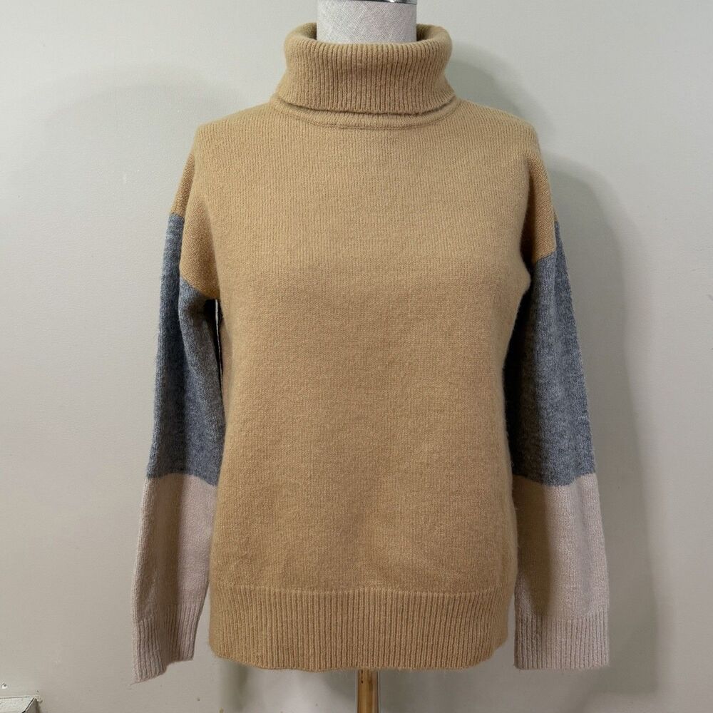 THML Anthropologie Color Block Knit Mock Turtleneck Sweater Camel Neutral S GUC